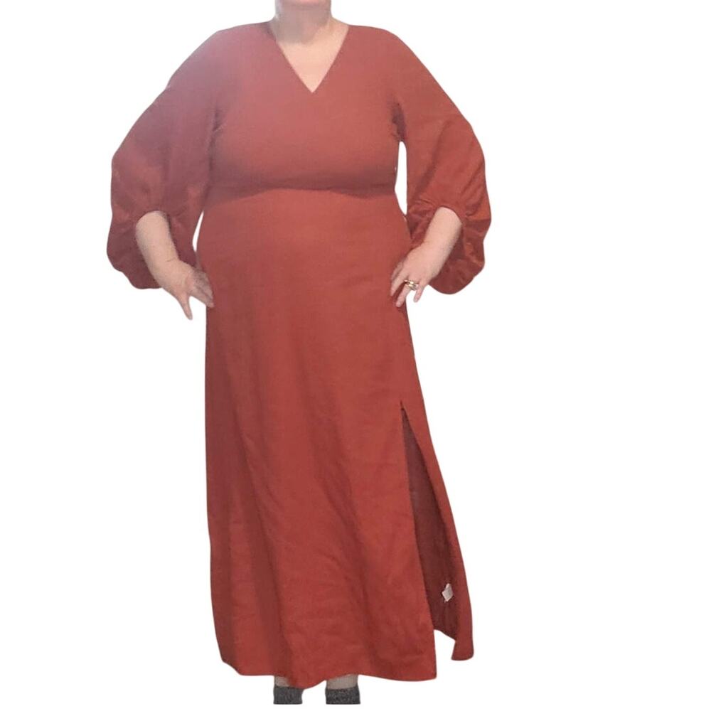 Eloquii Terracotta Linen Blend Maxi Dress Balloon Sleeve Slit Boho Curve Size 16